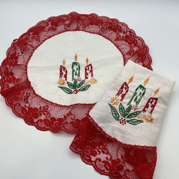 Set 2 Vtg Embroidered Christmas Doily Candle Lace Red White Kitsch Handmade 13" - Picture 1 of 5